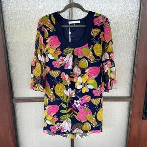Trina Turk cheers print blue floral shift dress in size XS NWT